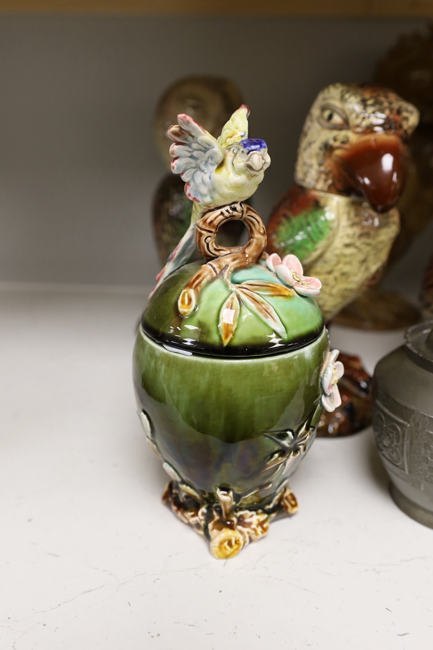 Four various ‘Wally bird’ jars and covers, another bird mounted box and cover, two others and a Carlton ware lustre jar and cover.